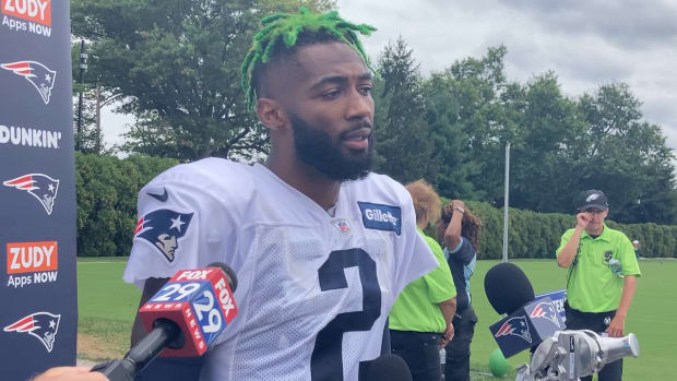 Jalen Hurts meets media after practicing against his former team, the Eagles, on Aug. 16, 2021